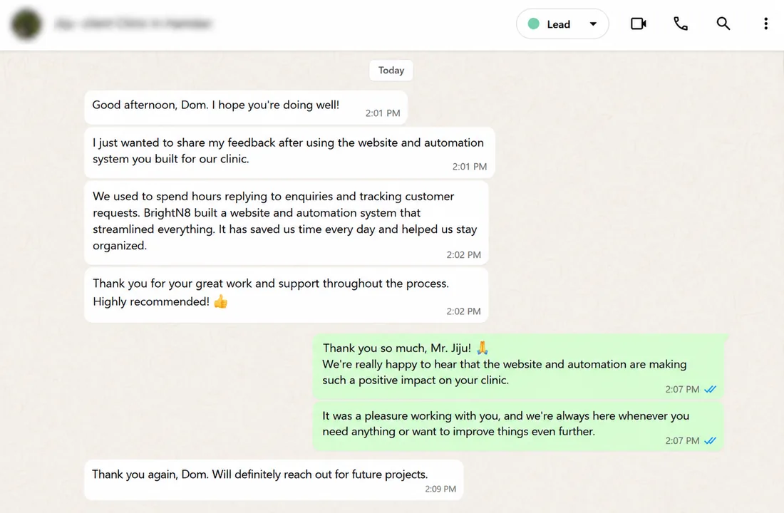 WhatsApp message from a clinic owner: we used to spend hours replying to enquiries and tracking customer requests, BrightN8 built a website and automation system that streamlined everything.