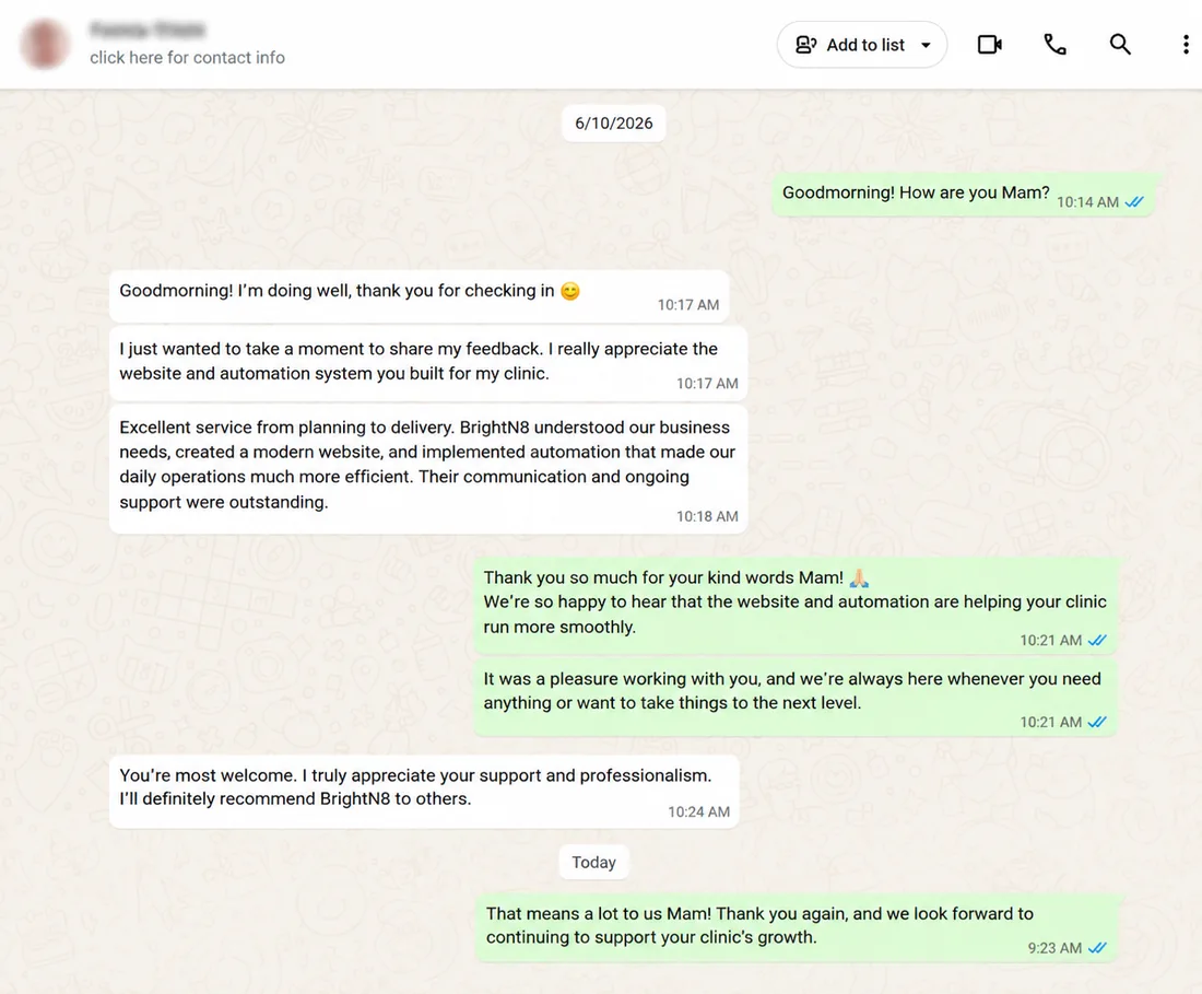 WhatsApp message from a clinic owner: excellent service from planning to delivery, BrightN8 created a modern website and implemented automation that made daily operations much more efficient.