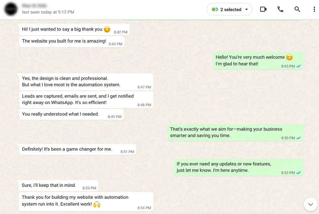 WhatsApp message from a business owner: the design is clean and professional, but what I love most is the automation system — leads are captured, emails are sent, and I get notified right away on WhatsApp.