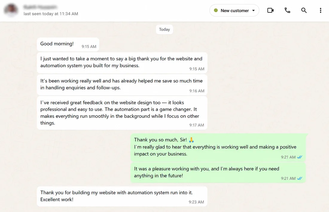 WhatsApp message from a business owner: it has already helped me save so much time handling enquiries and follow-ups, and the automation part is a game changer.