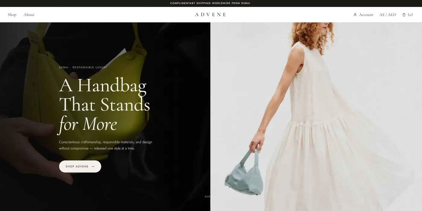 Advene website — A handbag that stands for more, a Dubai responsible-luxury store with a Shop Advene button.