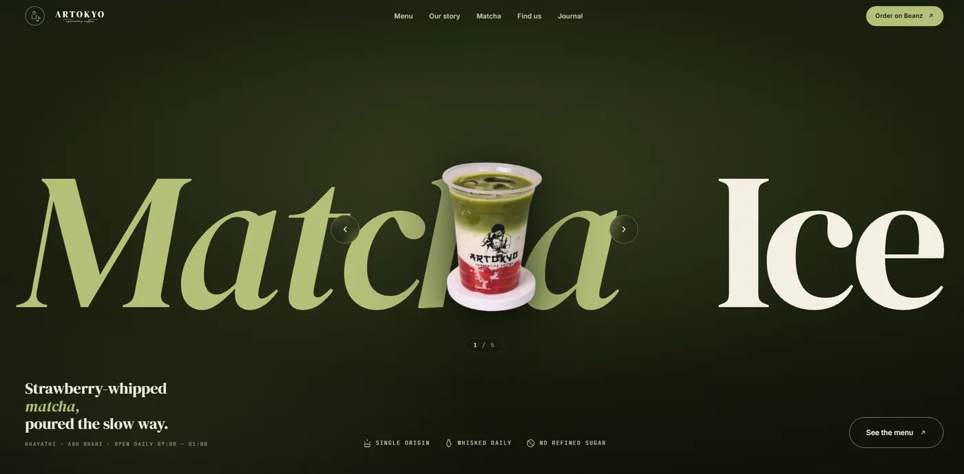 Artokyo Cafe website — an oversized Matcha Ice headline with a matcha drink and a See the menu button.