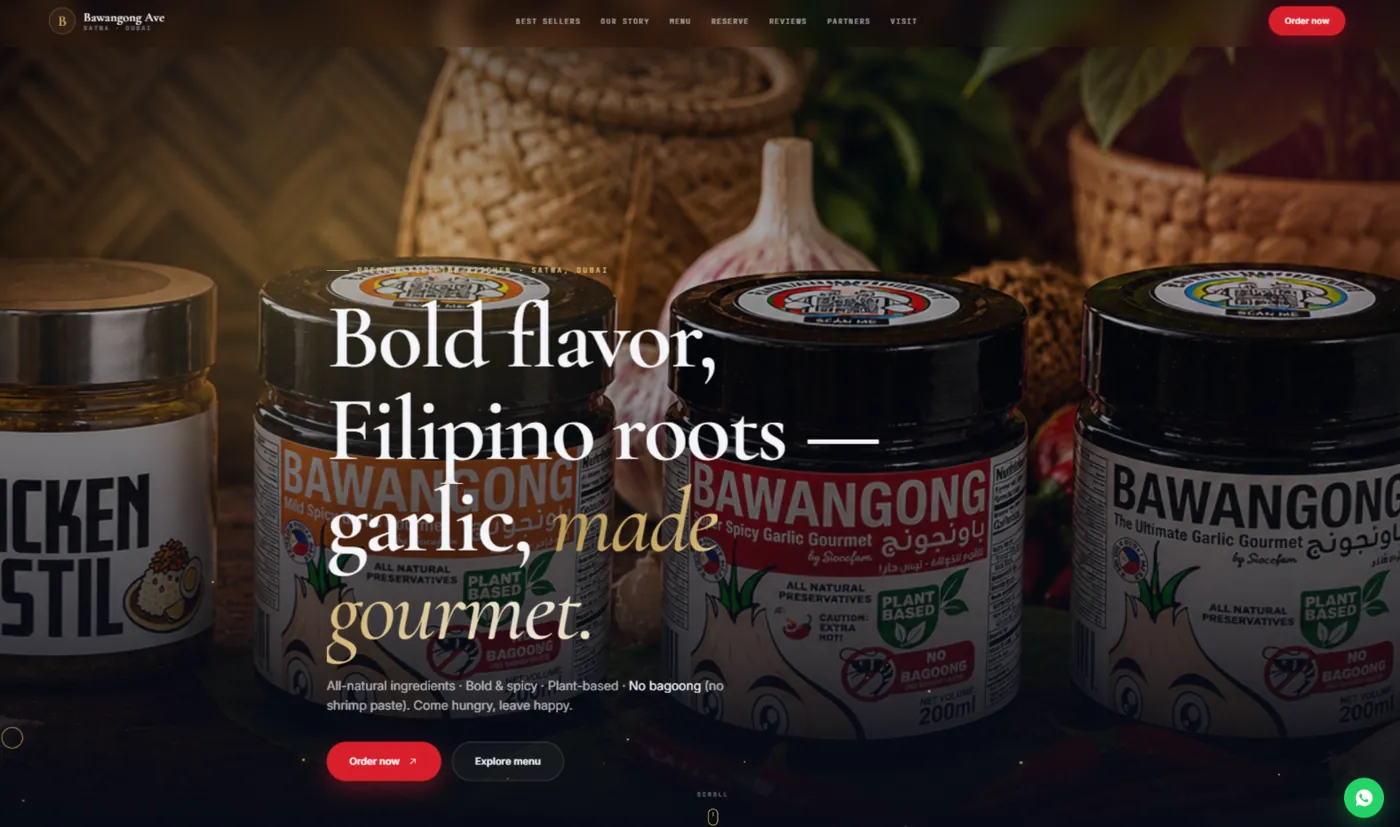 Bawangong Ave website — Bold flavor, Filipino roots, garlic made gourmet — with Order now and Explore menu buttons.