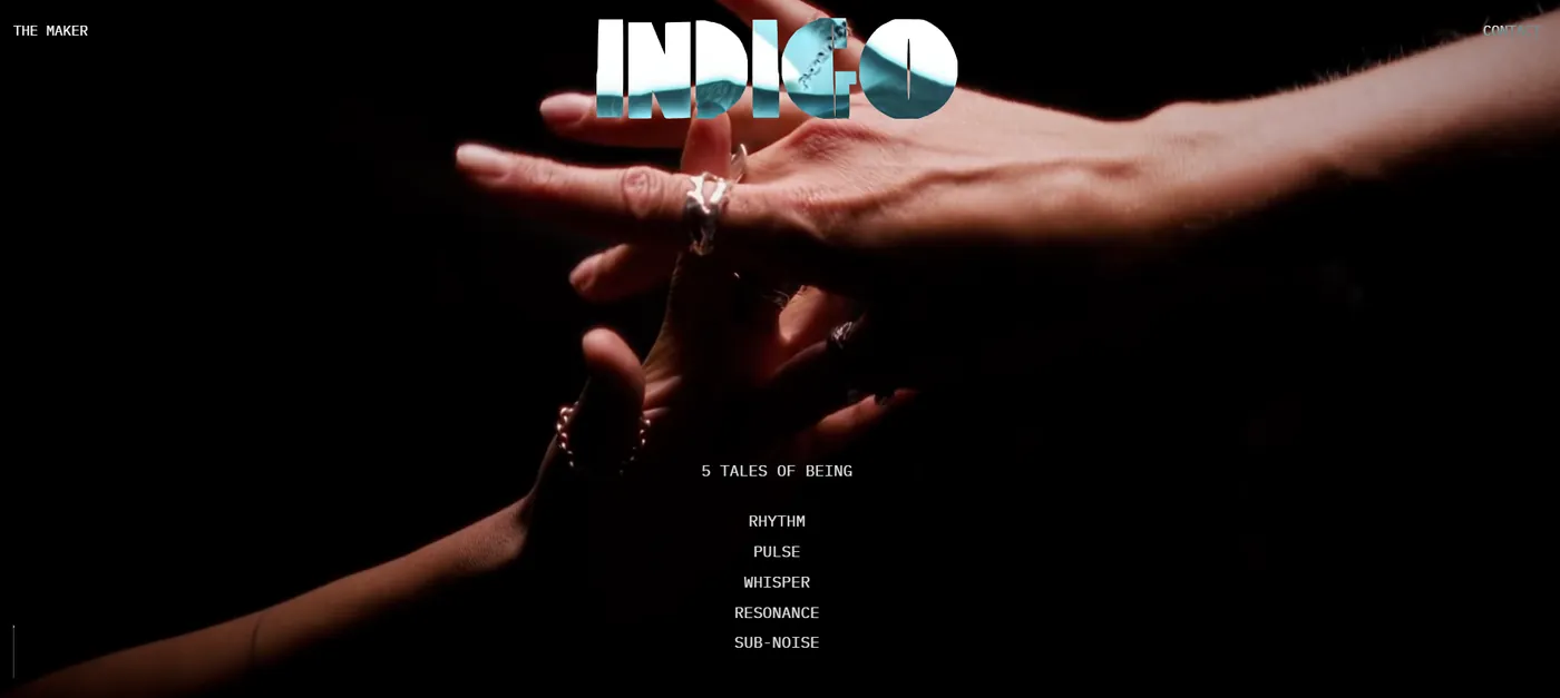Indigo website — a dark cinematic landing page titled 5 Tales of Being.