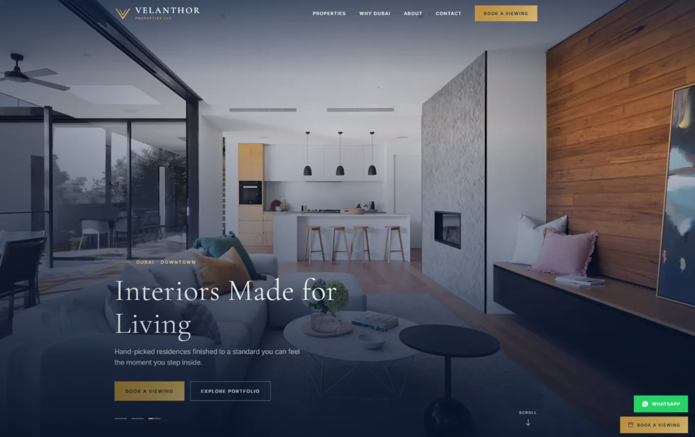 Velanthor Properties, Dubai — a BrightN8-built real-estate website with Book a viewing and WhatsApp buttons above the fold.