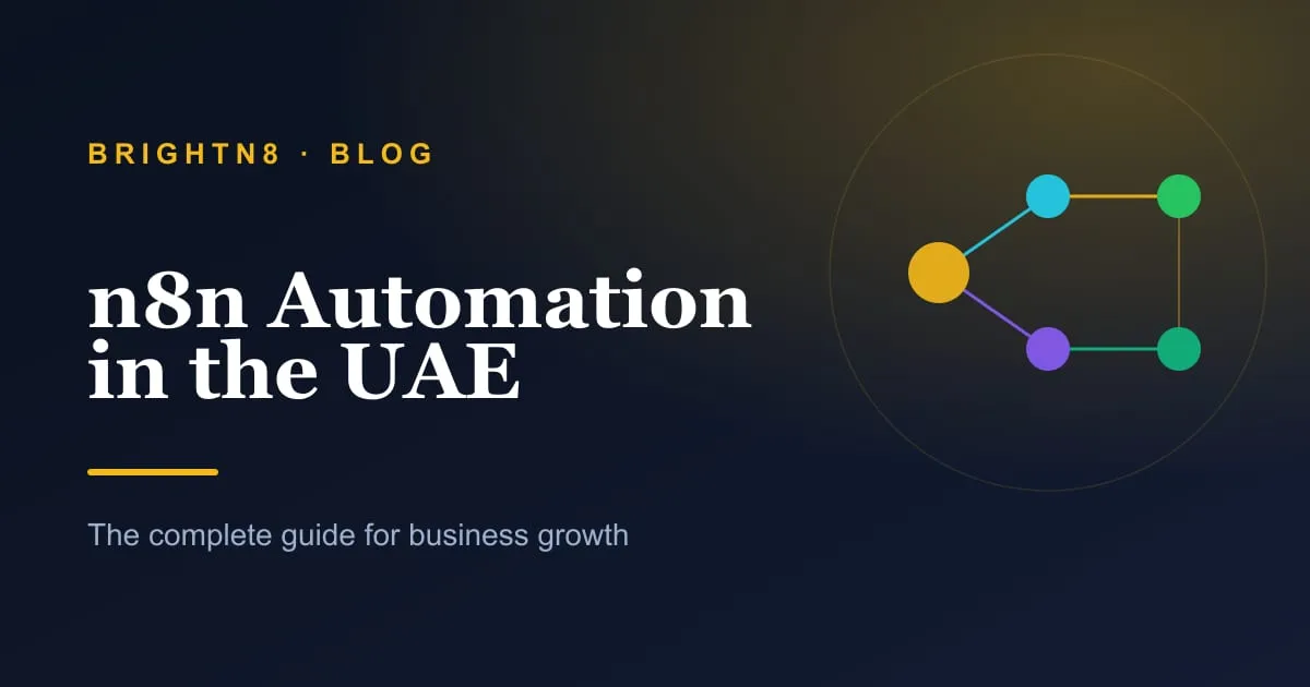n8n workflow automation node graph on a dark background with BrightN8 amber accent, illustrating n8n automation for UAE businesses